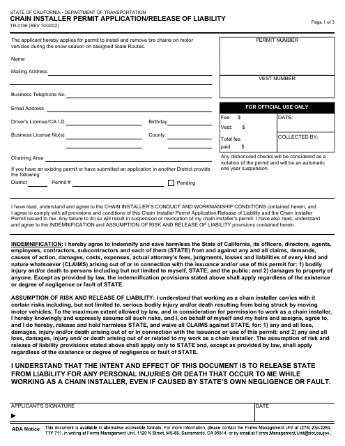 Form TR-0106 Chain Installer Permit Application/Release of Liability - California