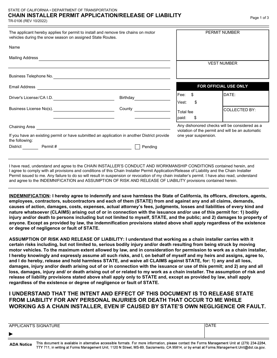 Form TR-0106 Chain Installer Permit Application / Release of Liability - California, Page 1