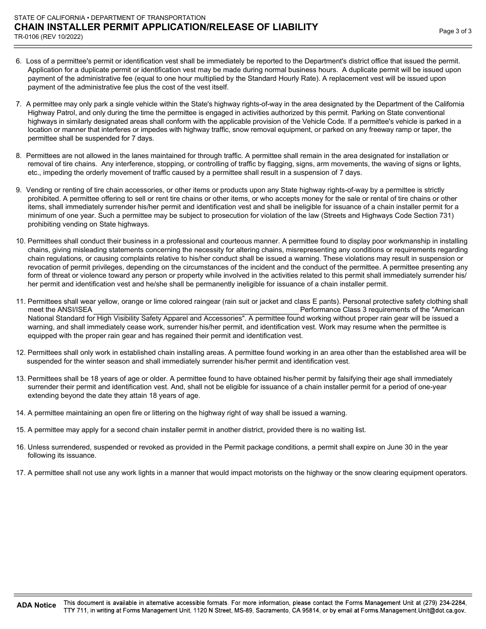 Form TR-0106 Chain Installer Permit Application / Release of Liability - California, Page 3