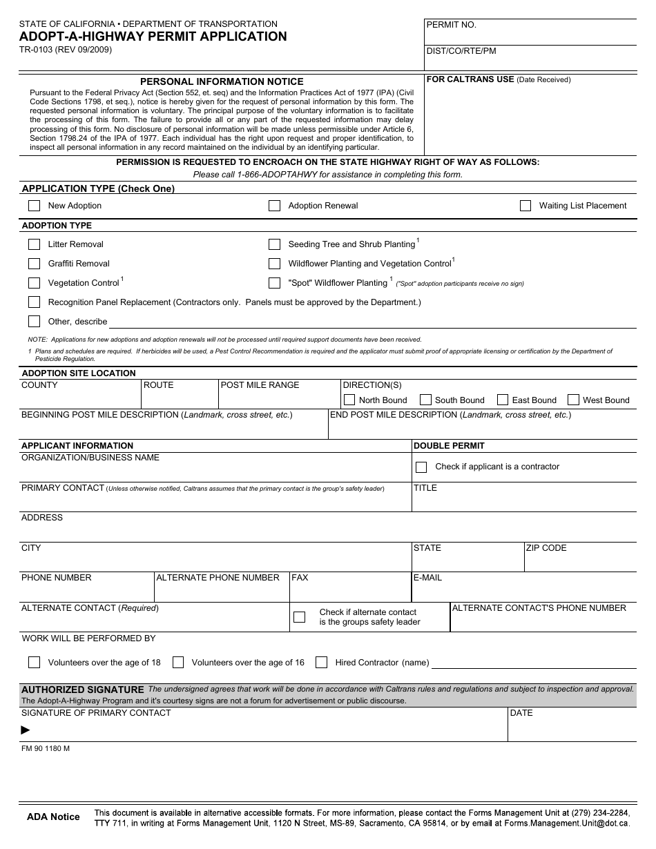 Form TR-0103 Adopt-A-highway Permit Application - California, Page 1