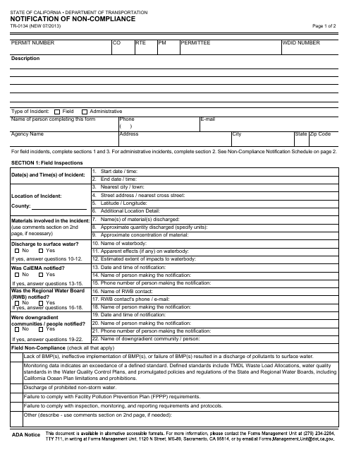 Form TR-0134 Notification of Non-compliance - California