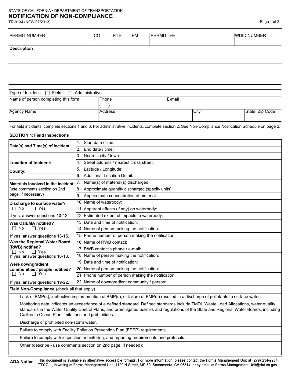 Form TR-0134 Notification of Non-compliance - California, Page 1