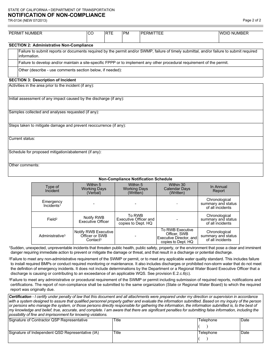 Form TR-0134 Notification of Non-compliance - California, Page 2