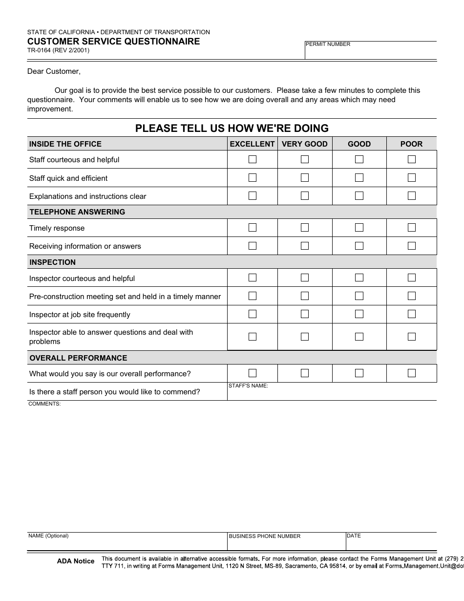 Form TR-0164 Customer Service Questionnaire - California, Page 1