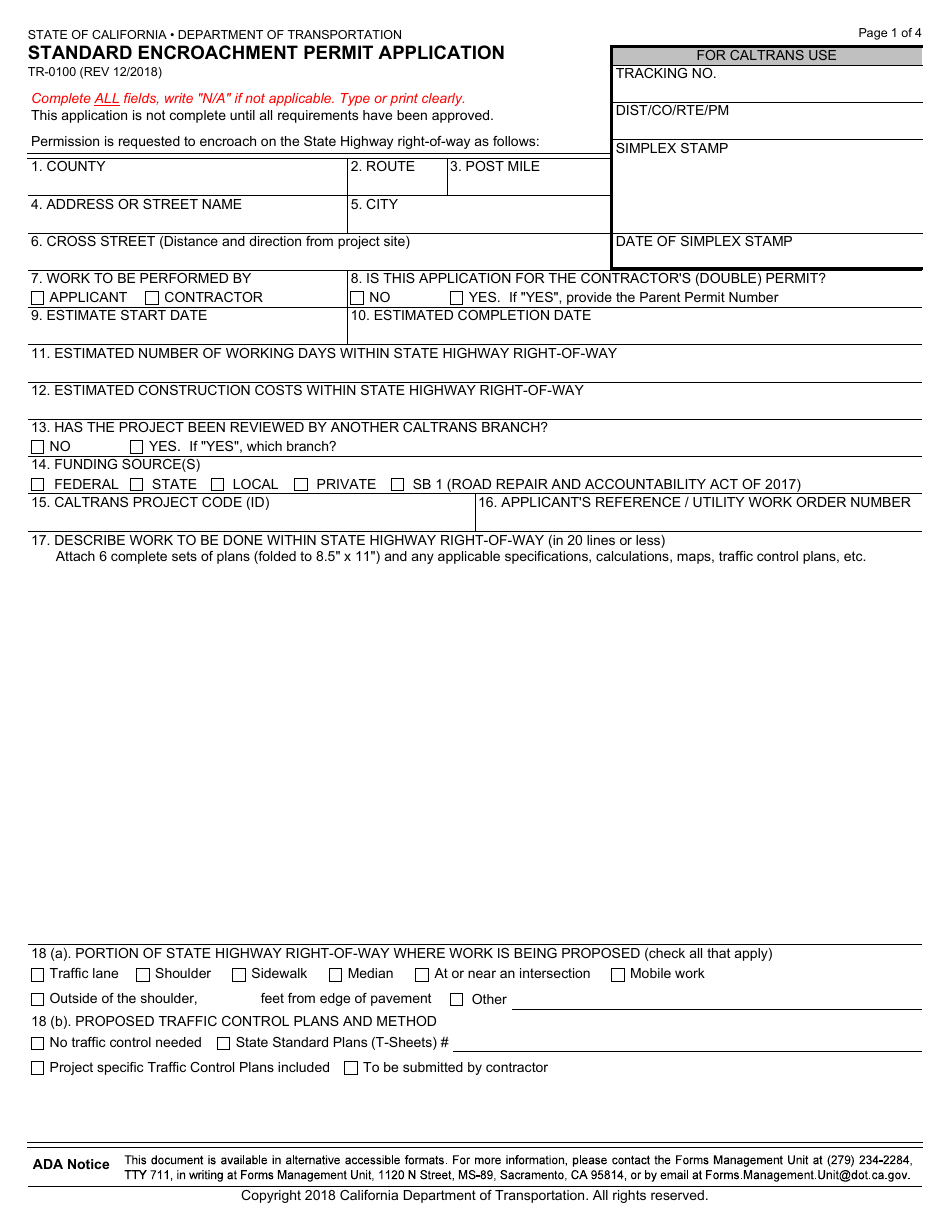 Form TR-0100 Standard Encroachment Permit Application - California, Page 1