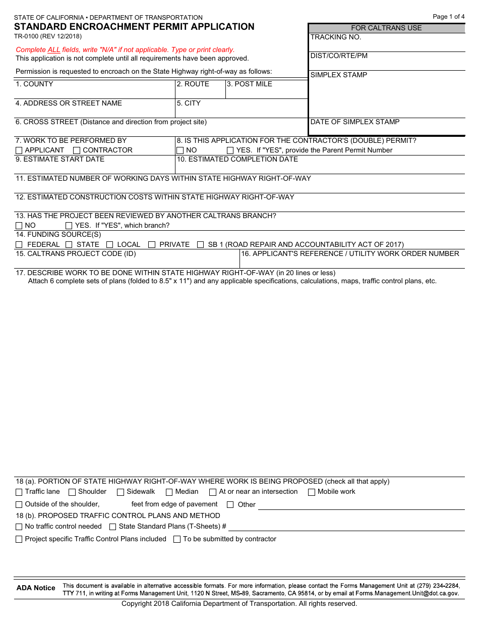 Form TR-0100 Download Fillable PDF or Fill Online Standard Encroachment ...