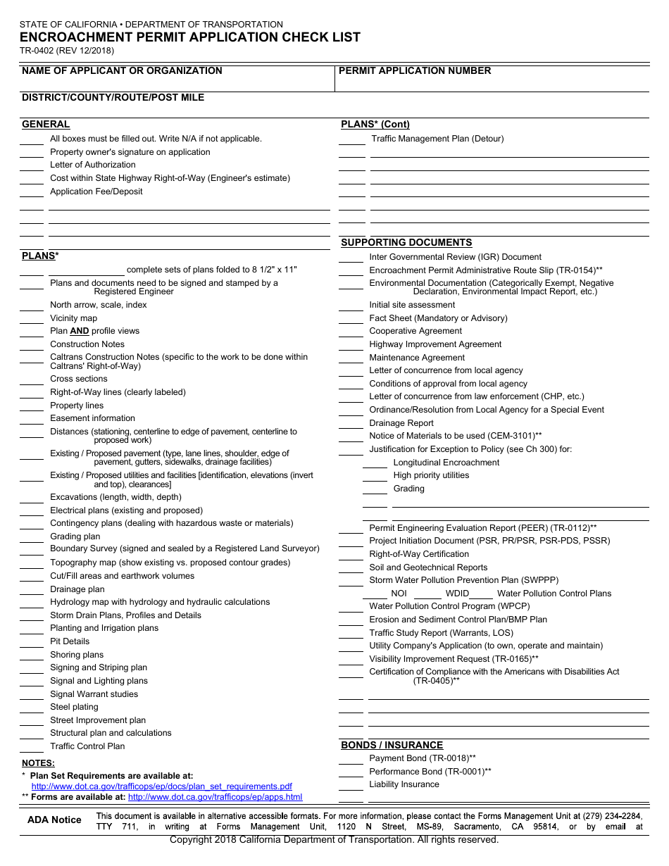 Form TR-0402 Download Fillable PDF or Fill Online Encroachment Permit ...