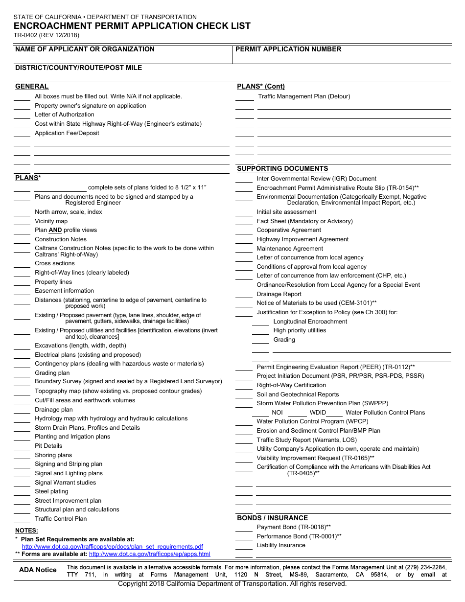 Form TR-0402 Encroachment Permit Application Check List - California, Page 1