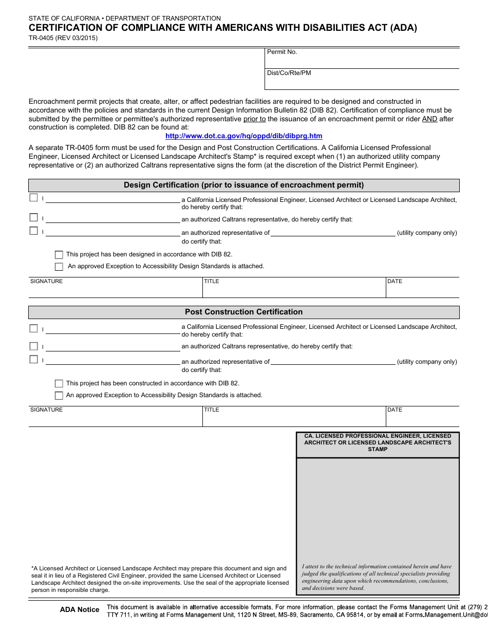 Form TR-0405 Certification of Compliance With Americans With Disabilities Act (Ada) - California, Page 1