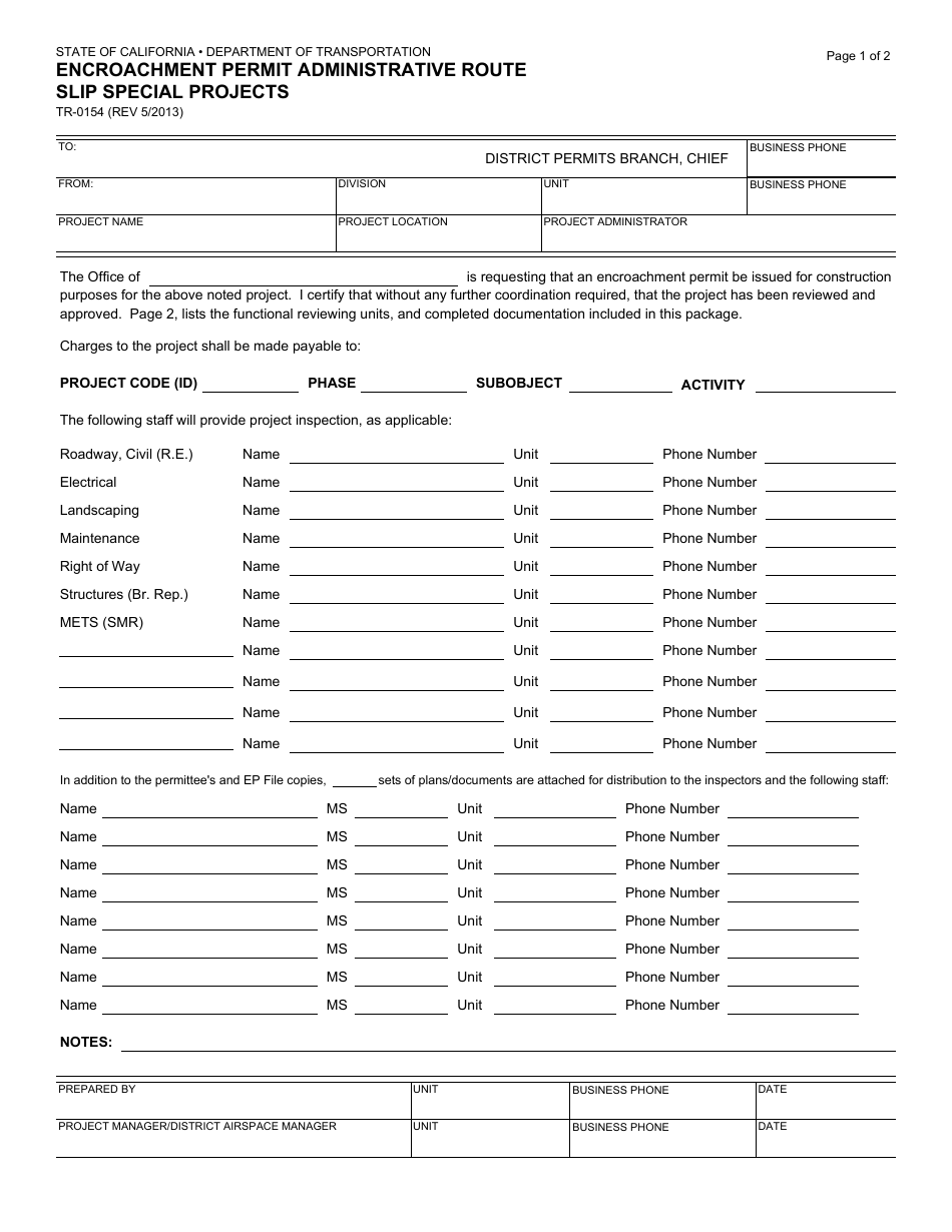 Form TR-0154 Encroachment Permit Administrative Route Slip Special Projects - California, Page 1