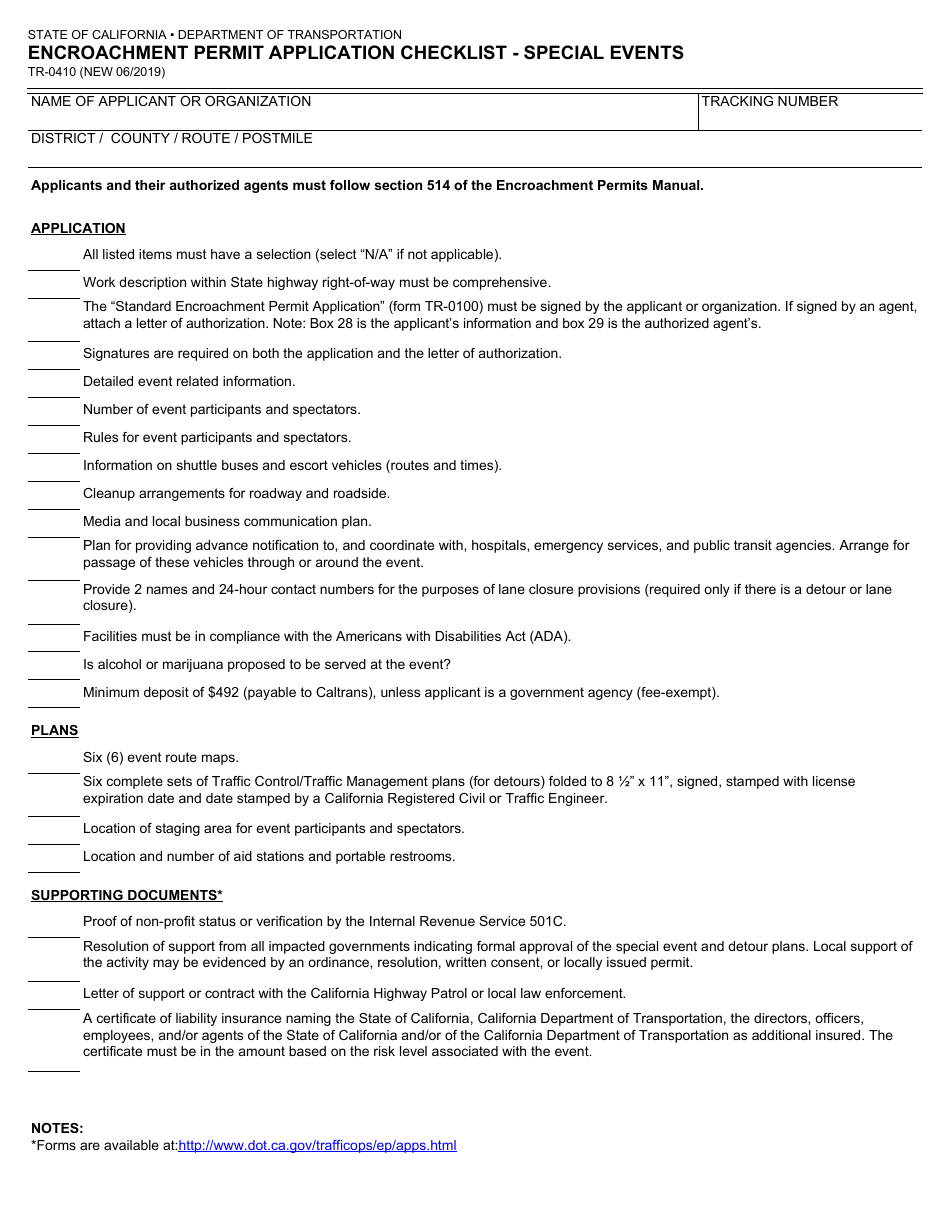 Form TR-0410 Encroachment Permit Application Checklist - Special Events - California, Page 1