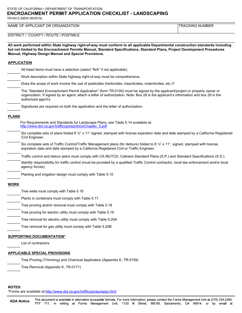 Form TR-0412 Encroachment Permit Application Checklist - Landscaping - California, Page 1