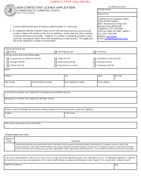 Form SFN11710 Non-contestant License Application - North Dakota