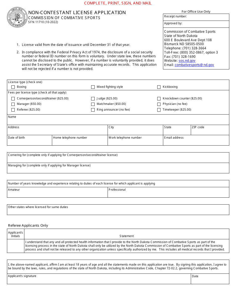 Form SFN11710 Download Fillable PDF or Fill Online Non-contestant ...