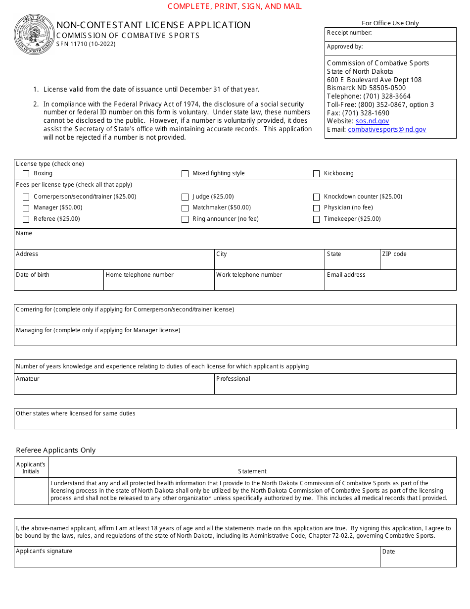 Form SFN11710 Non-contestant License Application - North Dakota, Page 1