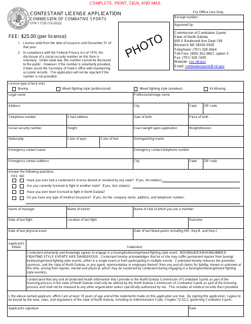 Form SFN11720 Contestant License Application - North Dakota