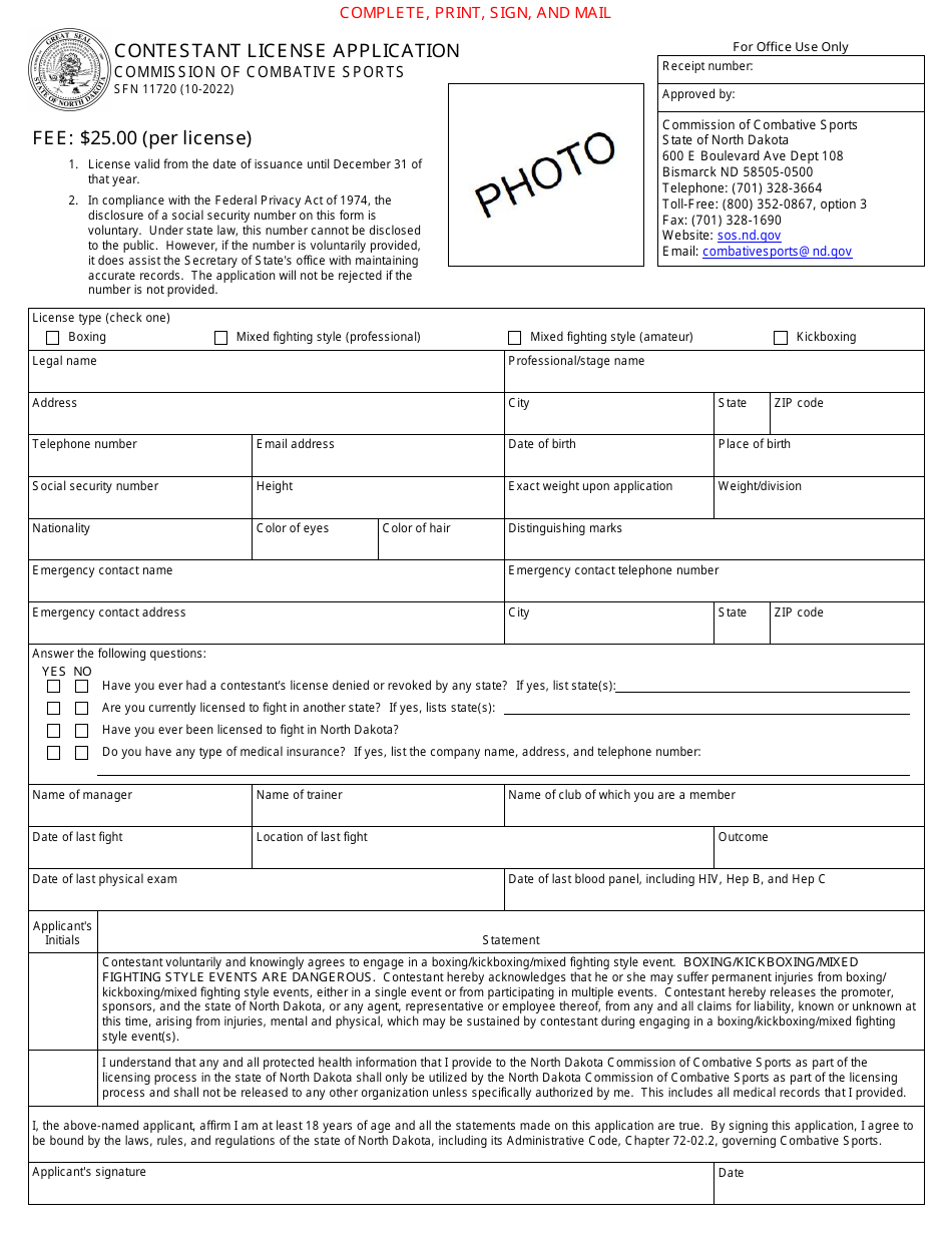 Form SFN11720 Contestant License Application - North Dakota, Page 1