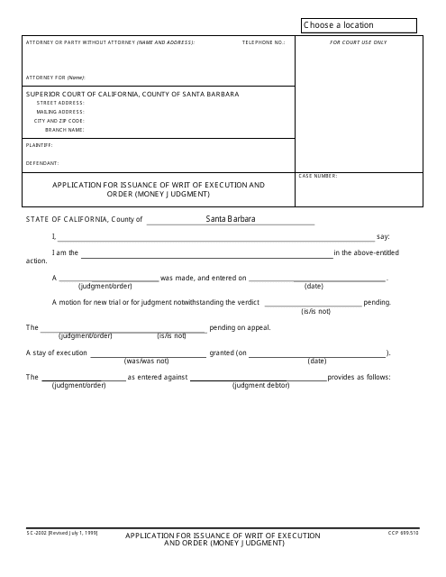 Form SC-2002 Application for Issuance of Writ of Execution and Order (Money Judgment) - County of Santa Barbara, California