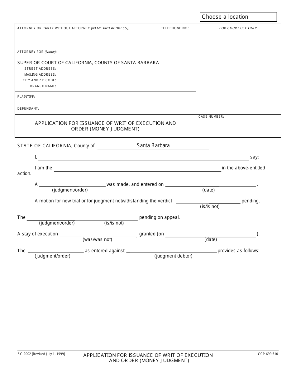 Form SC-2002 Application for Issuance of Writ of Execution and Order (Money Judgment) - County of Santa Barbara, California, Page 1