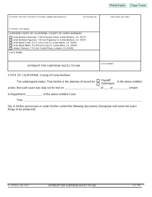 Form SC-1008 Affidavit for Subpoena Duces Tecum - County of Santa Barbara, California