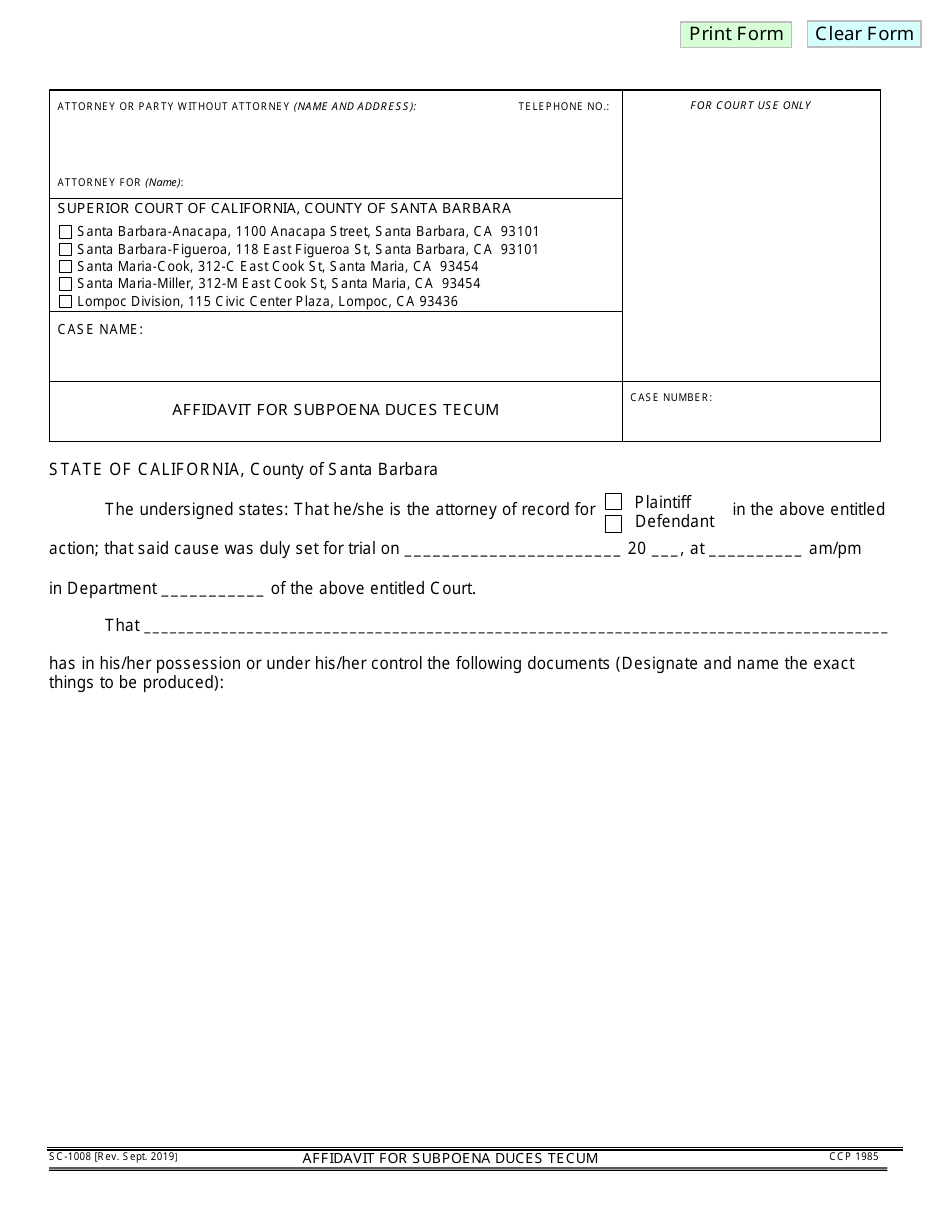 Form SC-1008 Affidavit for Subpoena Duces Tecum - County of Santa Barbara, California, Page 1