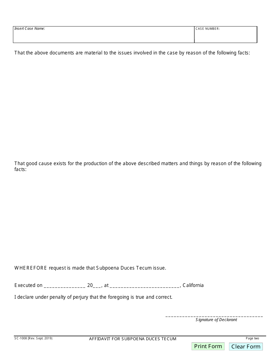 Form SC-1008 Affidavit for Subpoena Duces Tecum - County of Santa Barbara, California, Page 2