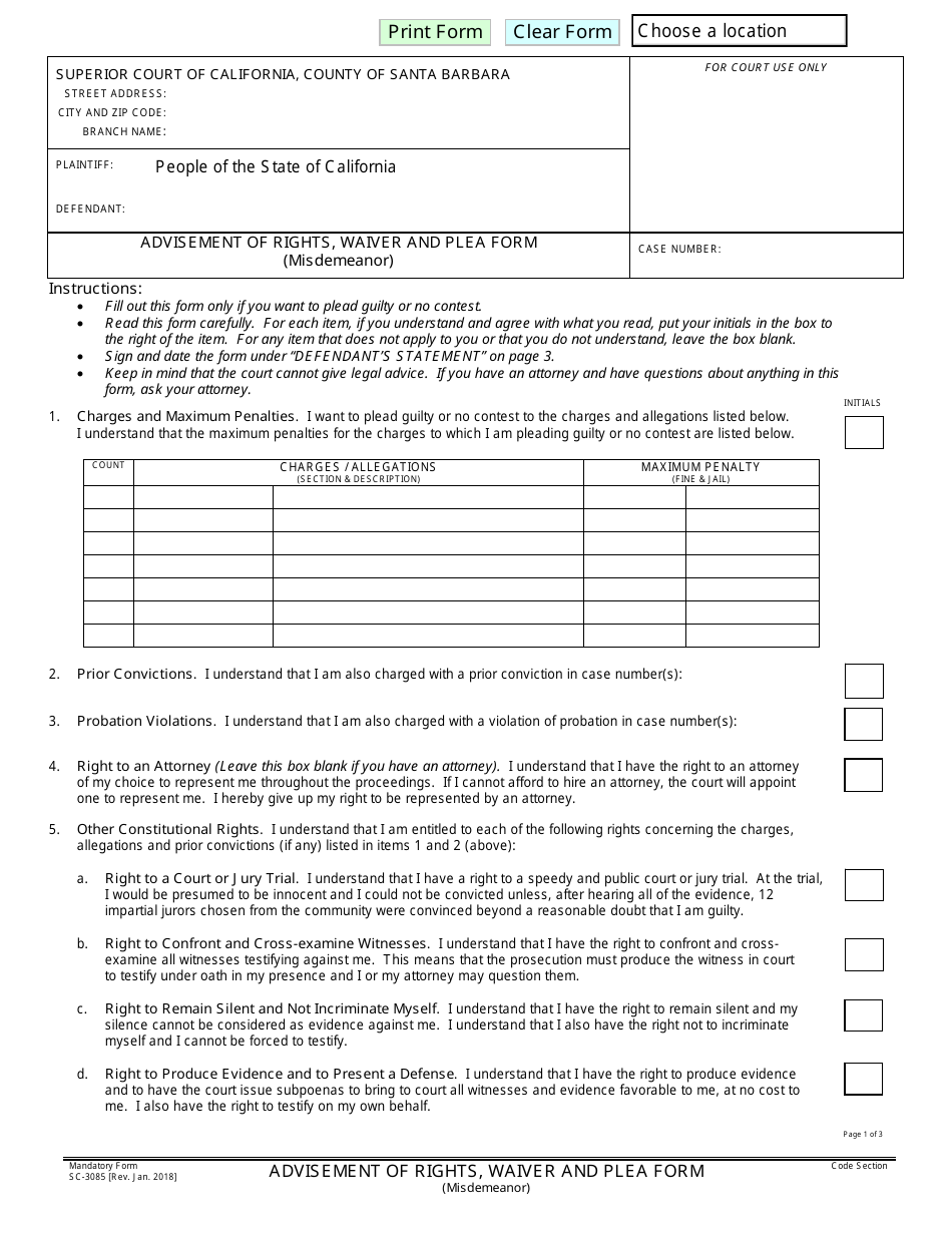 Form SC-3085 Advisement of Rights, Waiver and Plea Form (Misdemeanor) - County of Santa Barbara, California, Page 1
