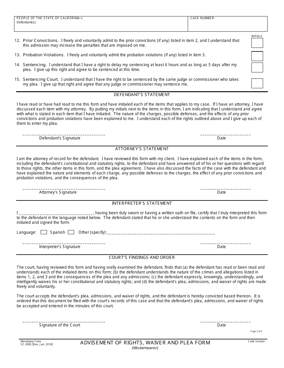 Form SC-3085 Advisement of Rights, Waiver and Plea Form (Misdemeanor) - County of Santa Barbara, California, Page 3