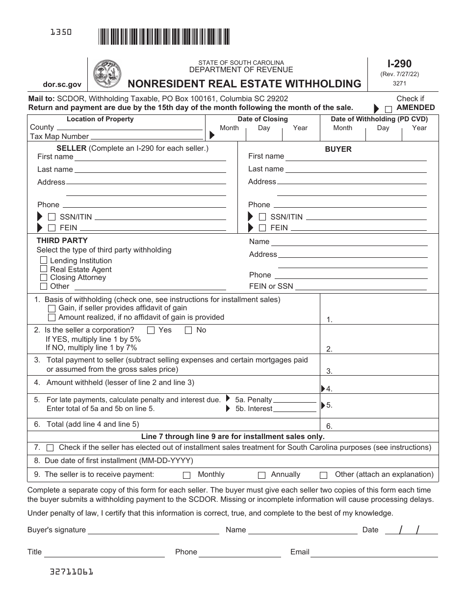 Form I-290 Nonresident Real Estate Withholding - South Carolina, Page 1