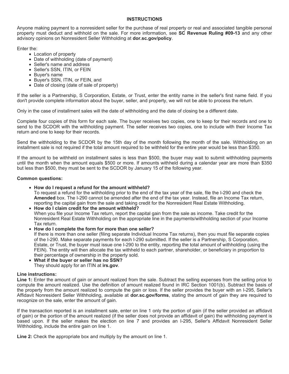 Form I-290 Nonresident Real Estate Withholding - South Carolina, Page 2