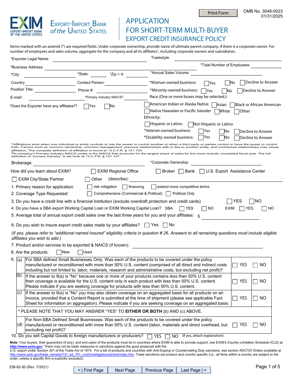 Form EIB-92-50 Application for Short-Term Multi-Buyer, Page 1
