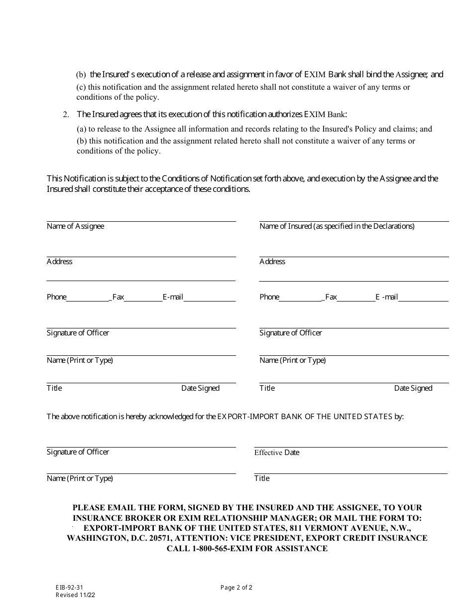 Form EIB-92-31 Notification by Insured of Amounts Payable Under Multi-Buyer Export Credit Insurance Policy, Page 2