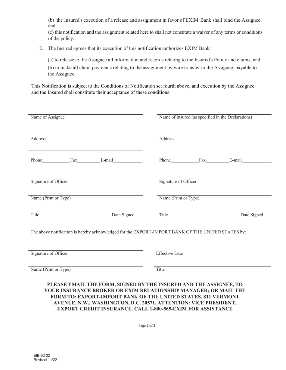 Form EIB-92-32 Notification by Insured of Amounts Payable Under Single Buyer Export Credit Insurance Policy, Page 2