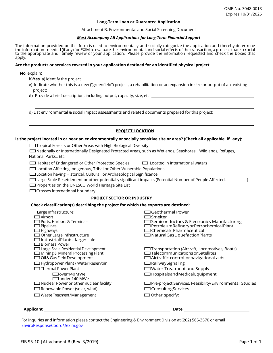 Form EIB95-10 Attachment B Long-Term Loan or Guarantee Application - Environmental and Social Screening Document, Page 1