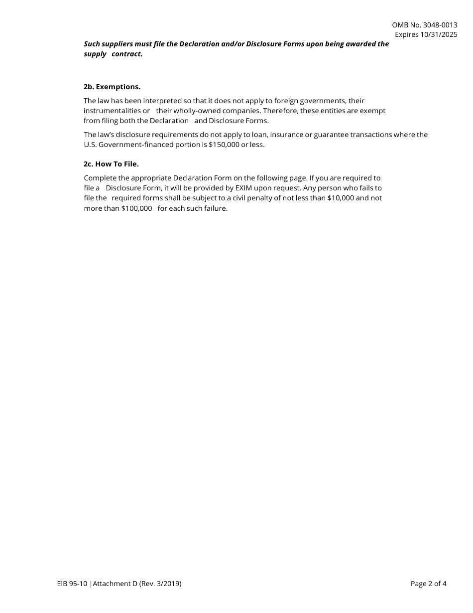 Form EIB95-10 Attachment D Long-Term Loan or Guarantee Application - Anti-lobbying Declaration / Disclosure, Page 2