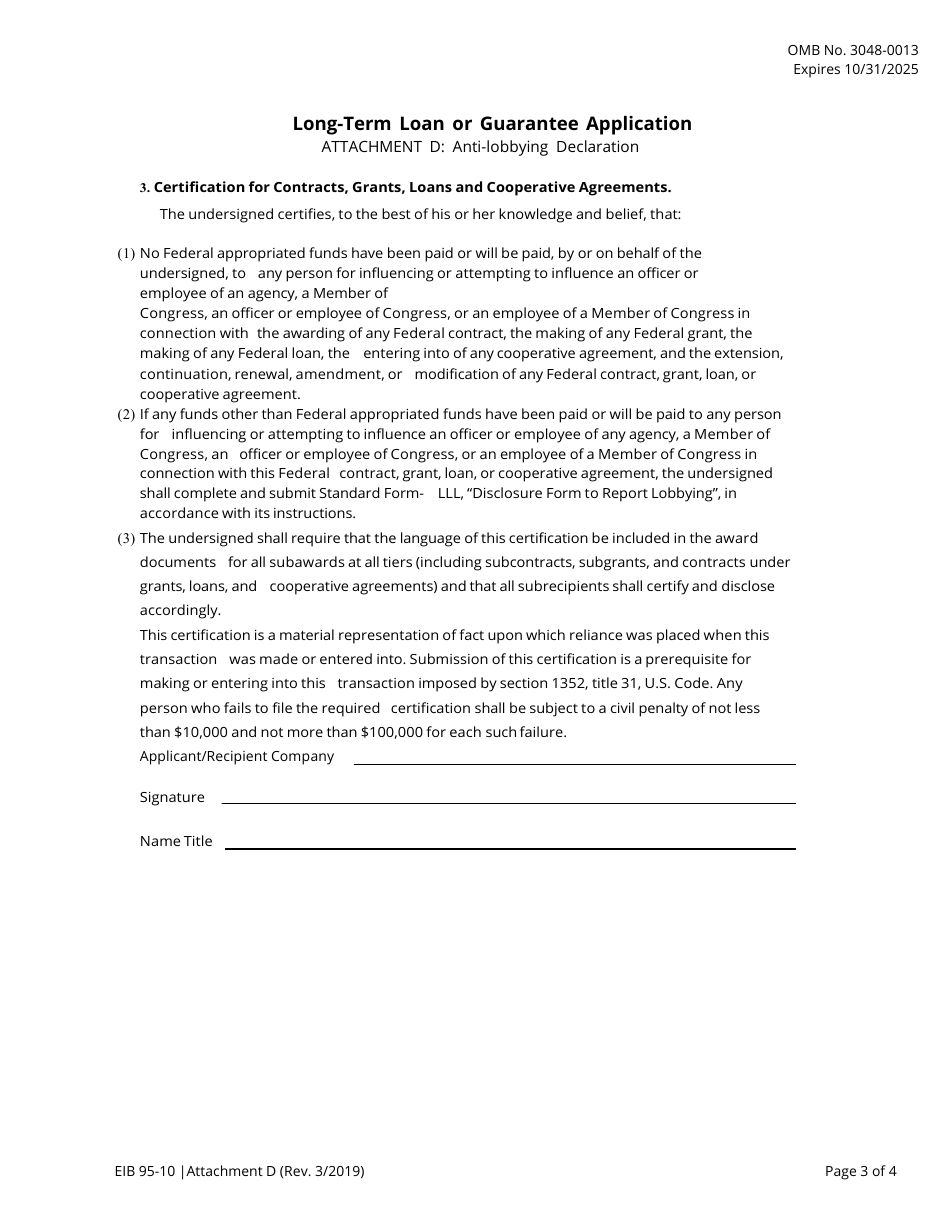 Form EIB95-10 Attachment D Long-Term Loan or Guarantee Application - Anti-lobbying Declaration / Disclosure, Page 3