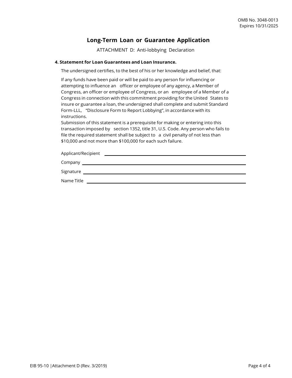 Form EIB95-10 Attachment D Long-Term Loan or Guarantee Application - Anti-lobbying Declaration / Disclosure, Page 4