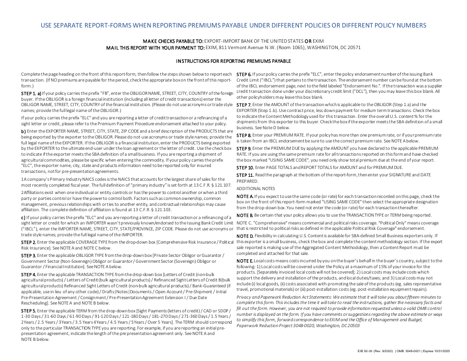 Form EIB92-30 Report of Premiums Payable for Financial Institutions Only, Page 3