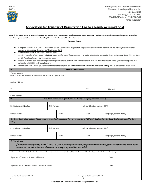 Form PFBC-R4 Application for Transfer of Registration Fee to a Newly Acquired Boat - Pennsylvania
