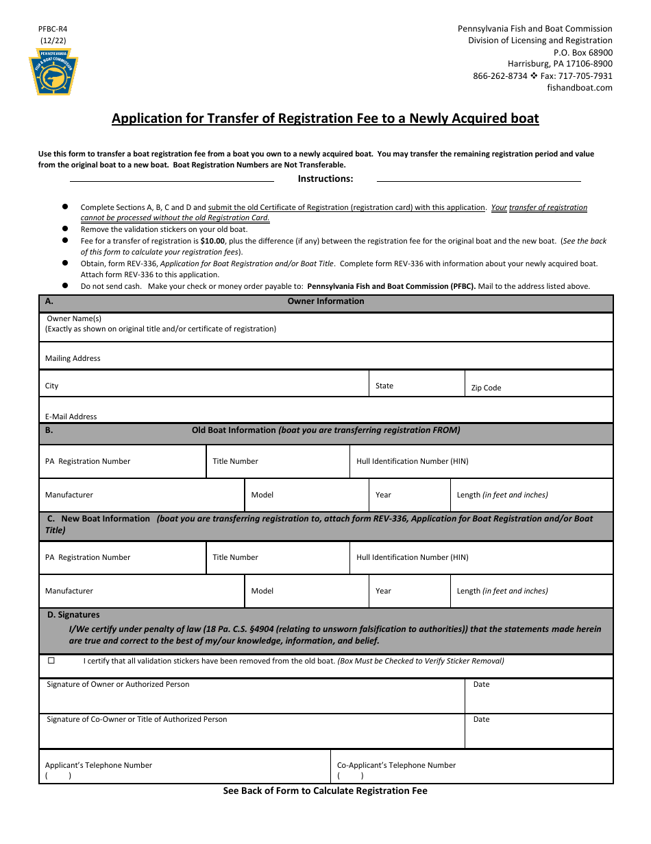 Form PFBC-R4 Application for Transfer of Registration Fee to a Newly Acquired Boat - Pennsylvania, Page 1