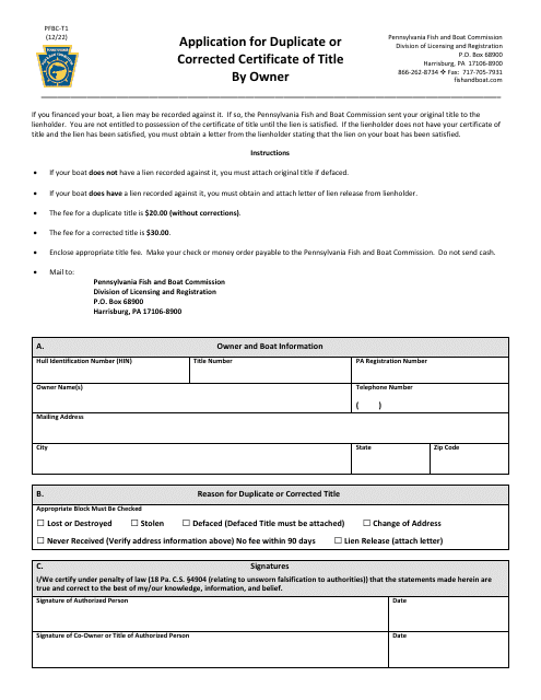 Form PFBC-T1 Application for Duplicate or Corrected Certificate of Title by Owner - Pennsylvania