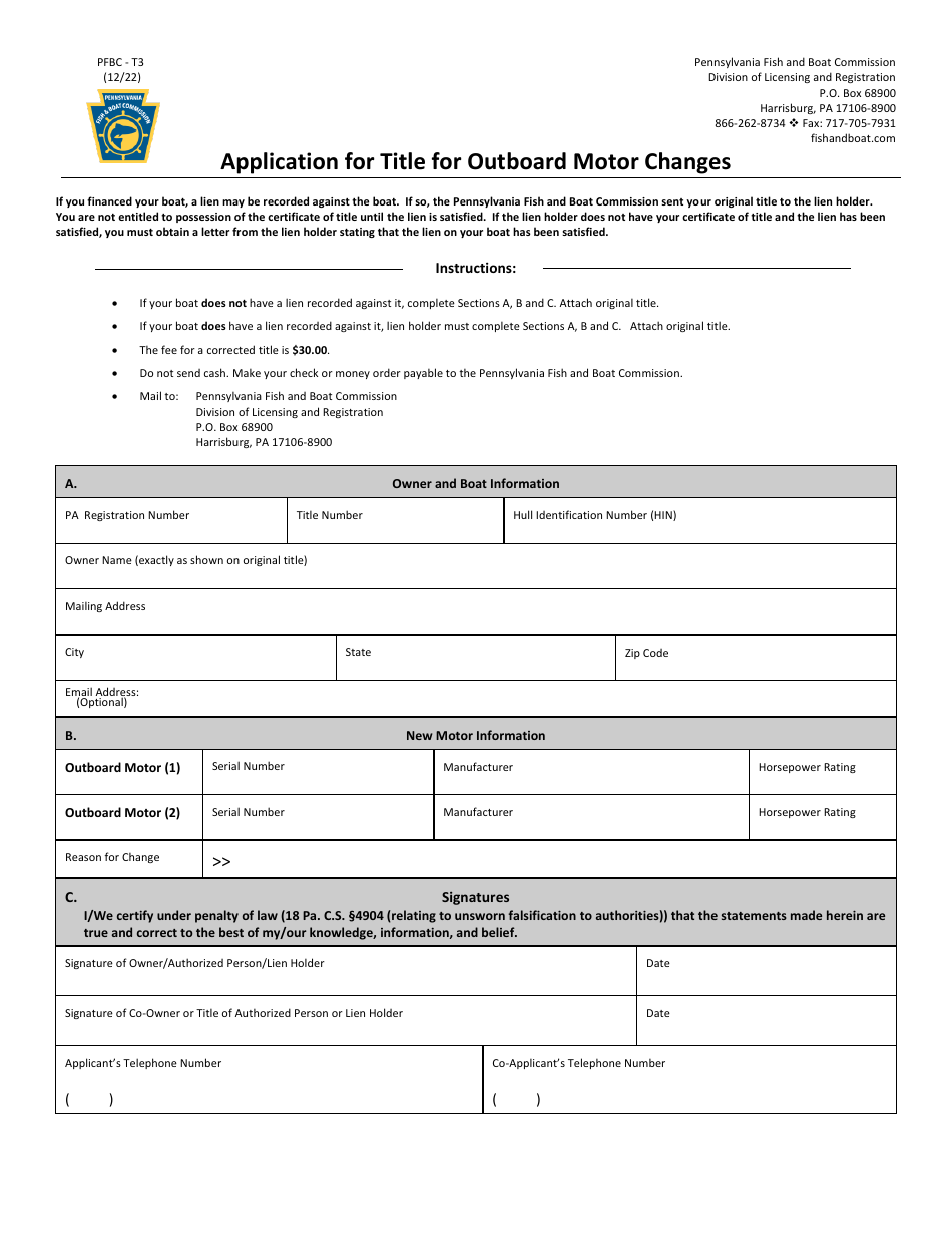 Form PFBC-T3 Application for Title for Outboard Motor Changes - Pennsylvania, Page 1