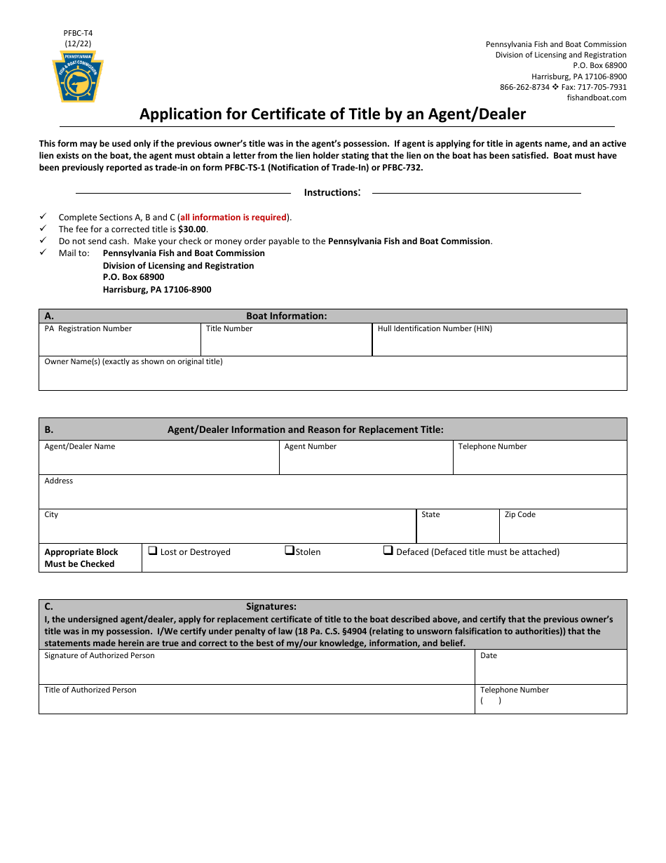 Form PFBC-T4 Application for Certificate of Title by an Agent / Dealer - Pennsylvania, Page 1