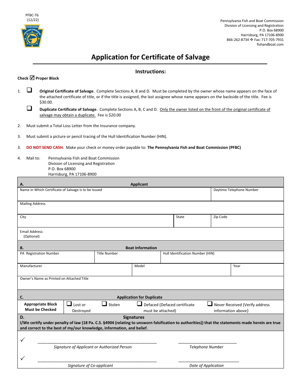 Form PFBC-T6 Application for Certificate of Salvage - Pennsylvania, Page 1