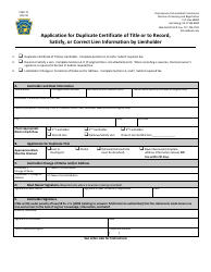 Document preview: Form PFBC-T2 Application for Duplicate Certificate of Title or to Record, Satisfy, or Correct Lien Information by Lienholder - Pennsylvania