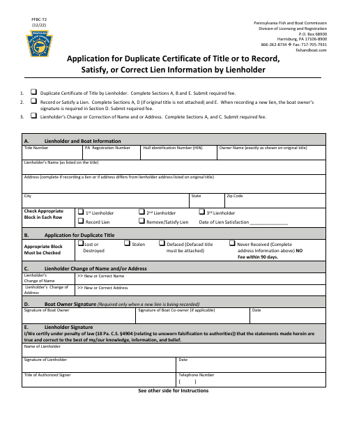 Form PFBC-T2 Application for Duplicate Certificate of Title or to Record, Satisfy, or Correct Lien Information by Lienholder - Pennsylvania