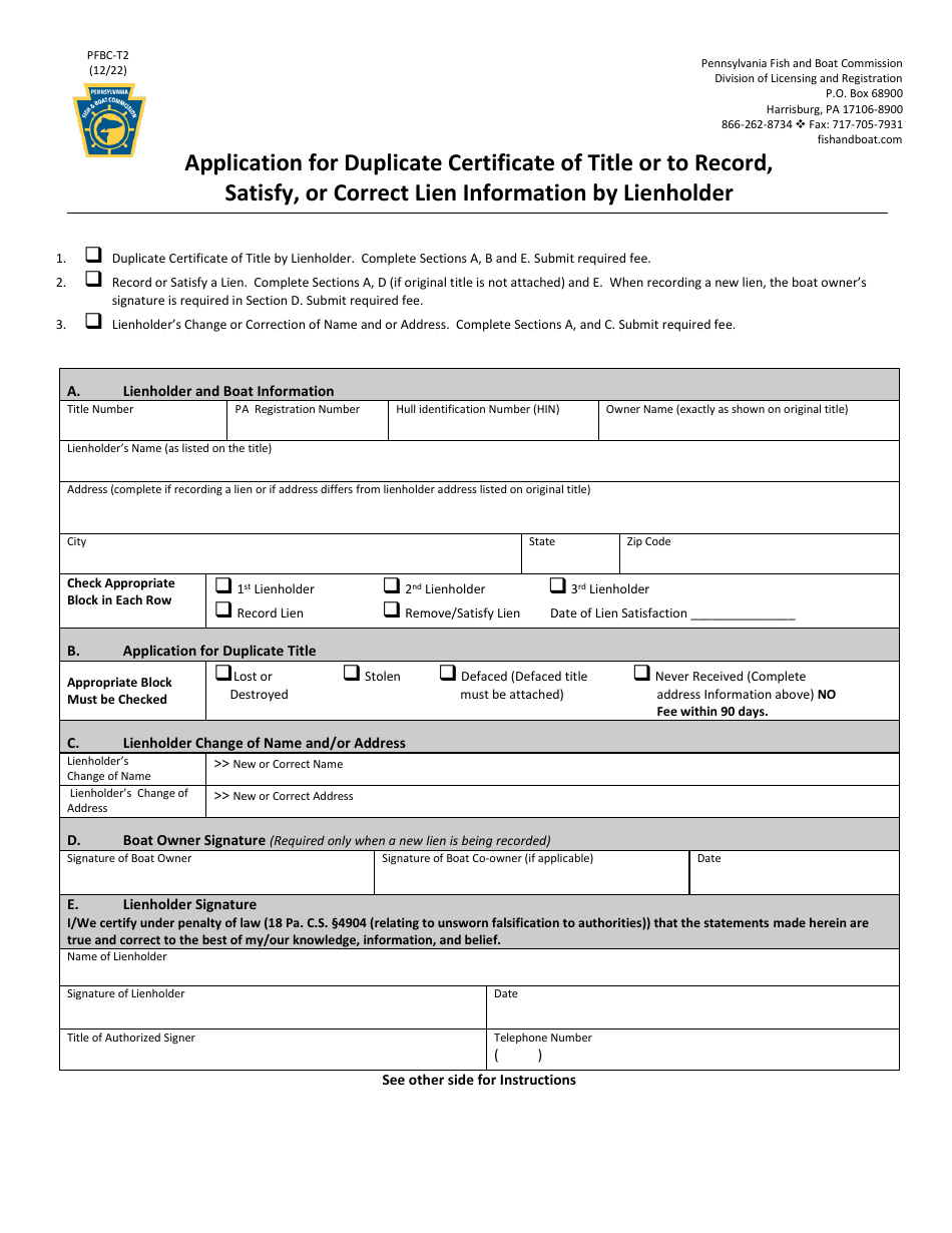 Form PFBC-T2 Application for Duplicate Certificate of Title or to Record, Satisfy, or Correct Lien Information by Lienholder - Pennsylvania, Page 1