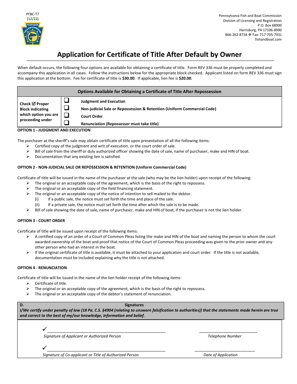Form PFBC-T7 Application for Certificate of Title After Default by Owner - Pennsylvania, Page 1