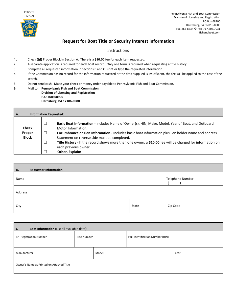 Form PFBC-T9 Request for Boat Title or Security Interest Information - Pennsylvania, Page 1