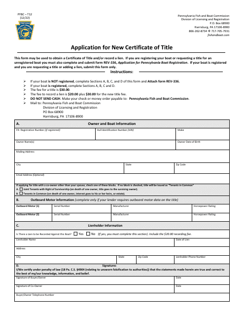 Form PFBC-T12 Application for New Certificate of Title - Pennsylvania